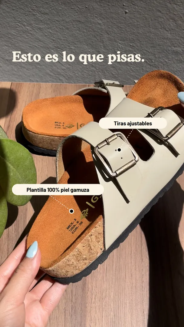 Plantilla de piel y tiras ajustables vistas de cerca, con sus detalles señalados