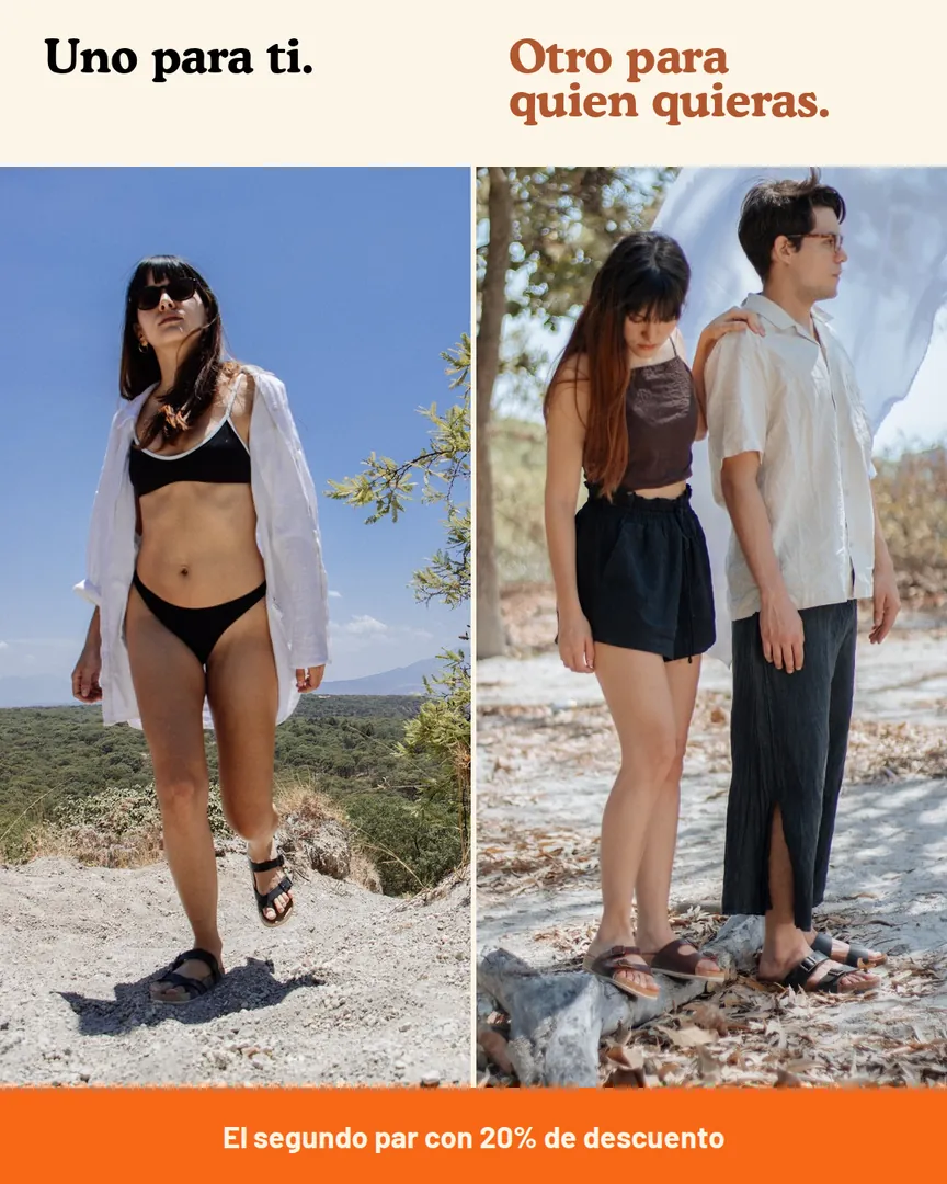 Una chica y una pareja con sus sandalias: uno para ti, otro para quien quieras