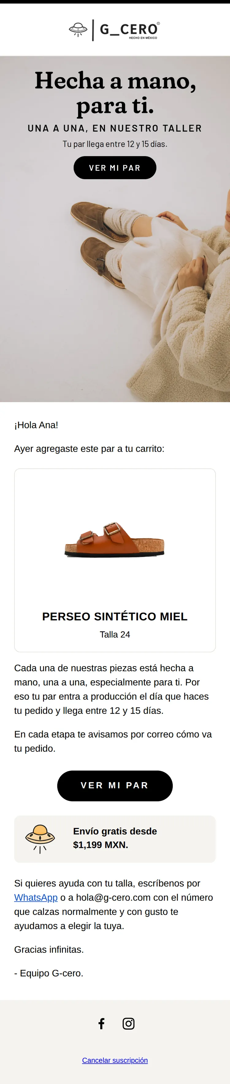 Segundo correo del carrito: hecha a mano, para ti