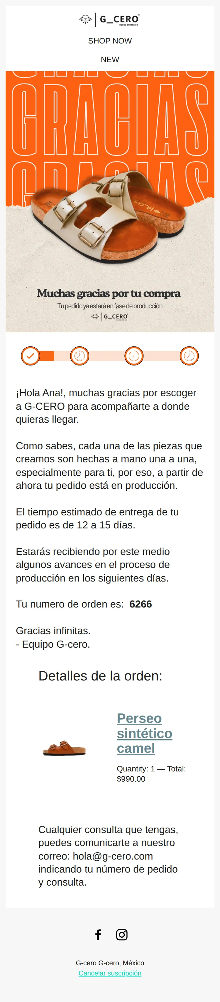 Correo de orden confirmada, con datos de muestra